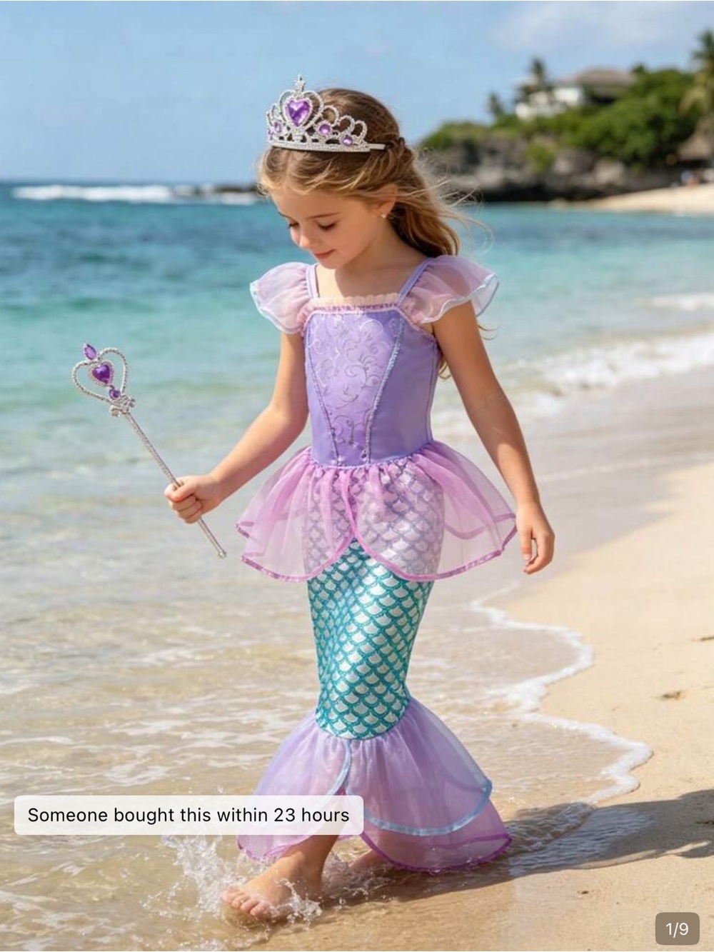 Halloween Kids Lavender Mermaid Costume with Teal Scale Skirt and gloves